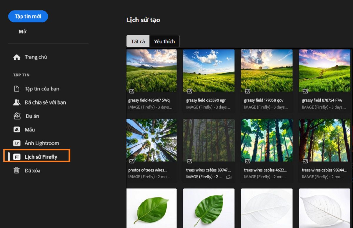 Bảng Lịch sử tạo Firefly hiển thị công cụ Lịch sử Firefly được làm nổi bật, sử dụng để tạo tài nguyên. 