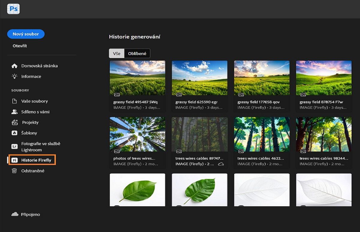 Panel historie generování Firefly zobrazující zvýrazněný nástroj historie Firefly, který se používá ke generování souborů. 
