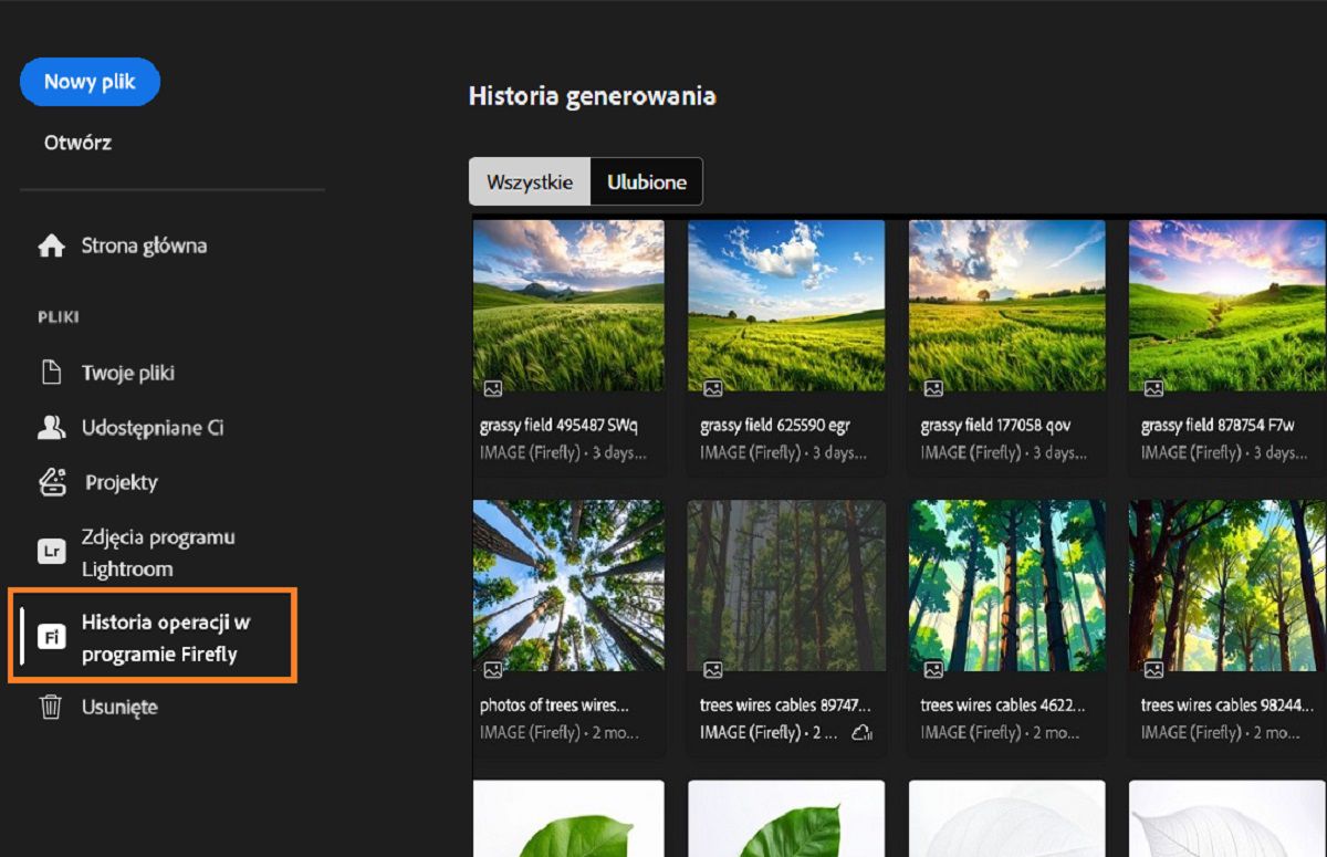 Panel historii generowania modeli Firefly zawiera podświetlone narzędzie Historia modeli Firefly, które służy do generowania zasobów.