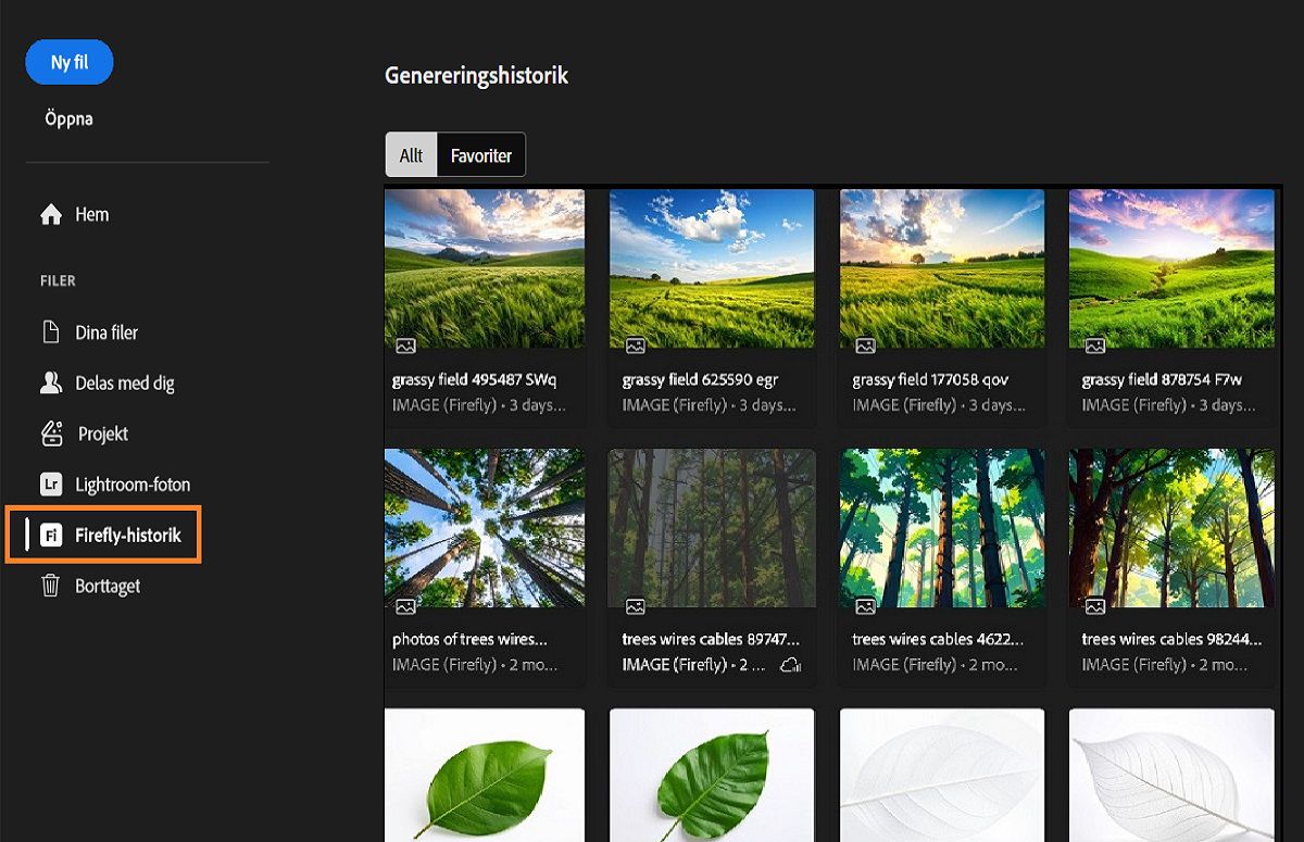På panelen Firefly-genereringshistorik visas det markerade Firefly-historikverktyget, som används för att generera resurser. 