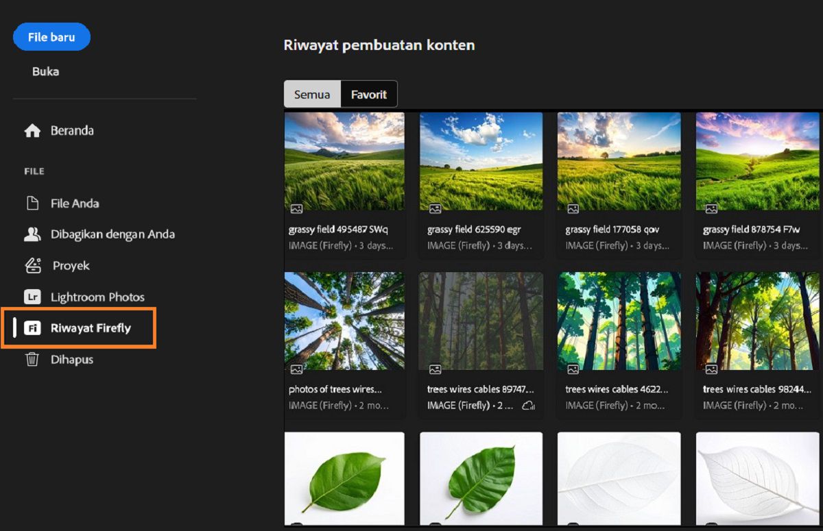 Panel riwayat penggenerasian Firefly menampilkan alat riwayat Firefly yang disorot, yang digunakan untuk menghasilkan aset.