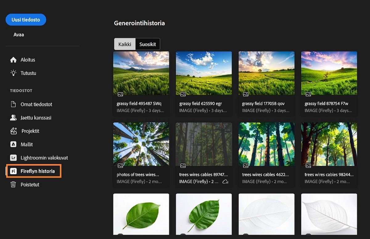 Firefly-generointihistoria-paneelissa näkyy korostettu Firefly-historia-työkalu, jota voi käyttää resurssien generointiin. 