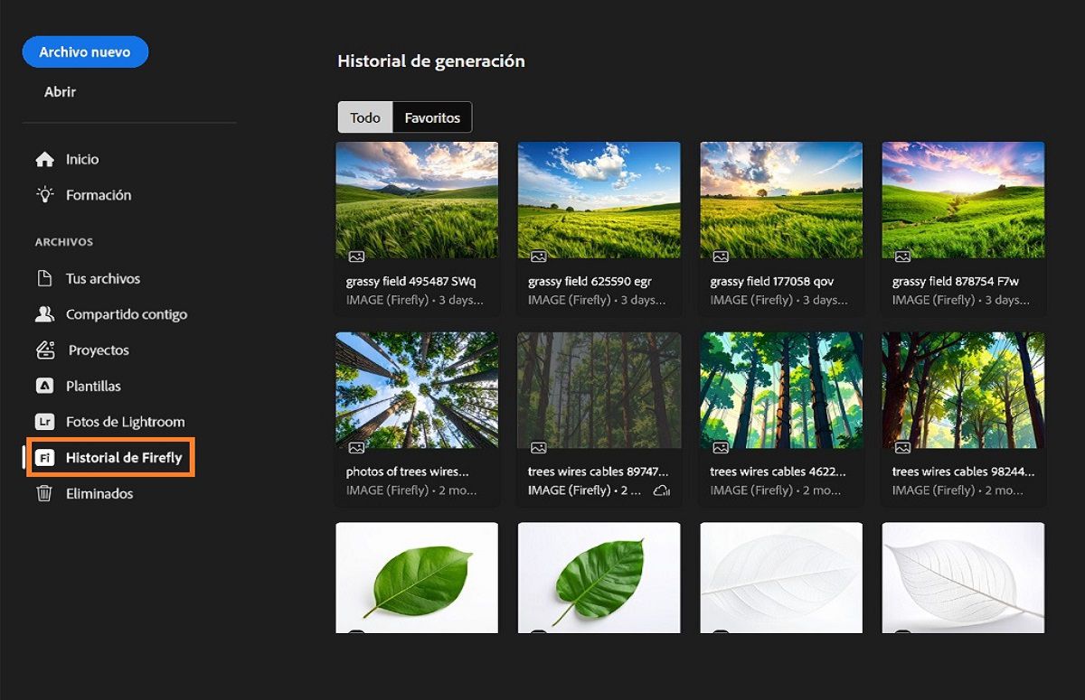 En el panel Historial de generaciones de Firefly se muestra la herramienta Historial de Firefly resaltada, que se utiliza para generar recursos. 