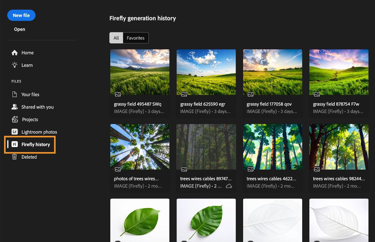 تعرض لوحة سجل إنشاء Firefly أداة سجل Firefly المميزة التي تُستخدم لإنشاء الأصول.