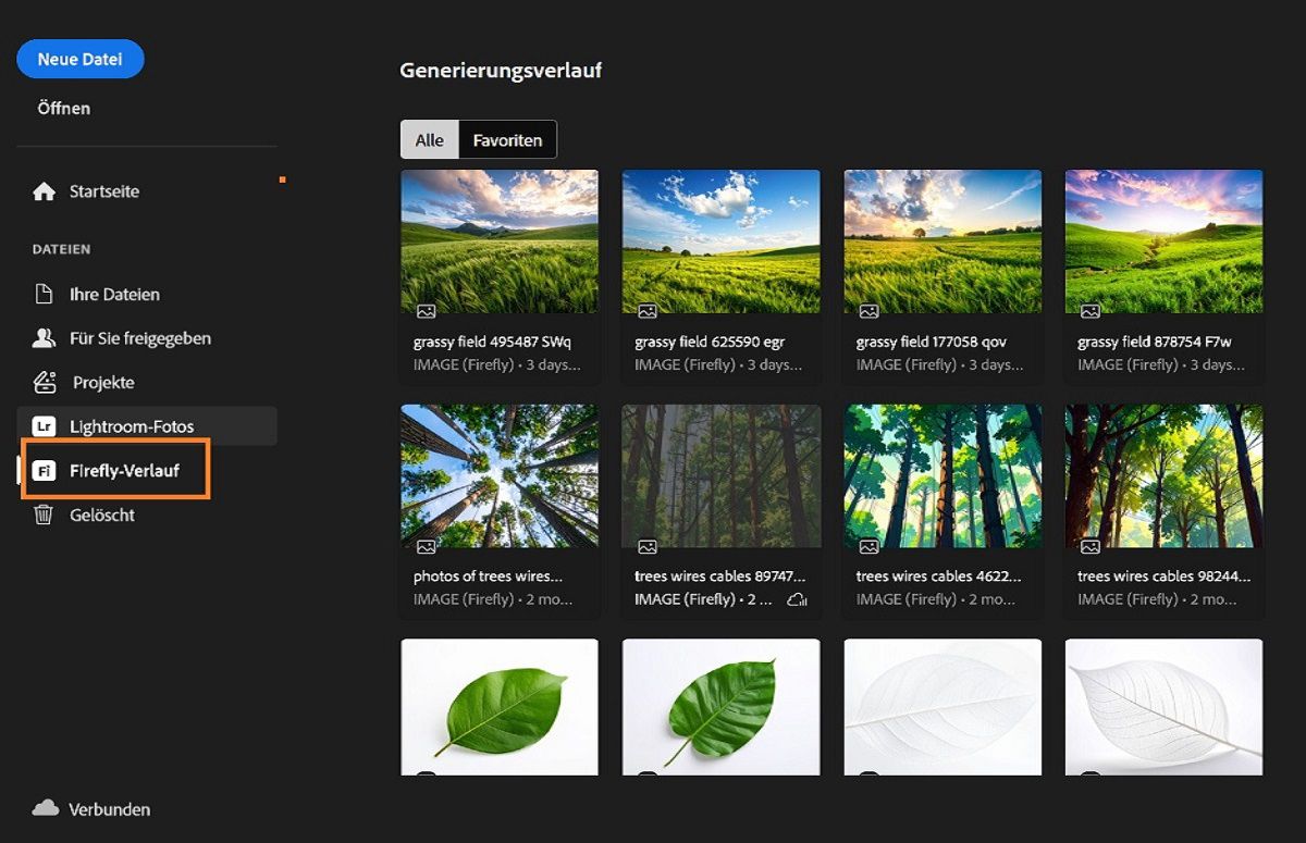 Das Firefly-Generierungs-Protokoll-Bedienfeld zeigt das hervorgehobene Firefly-Protokoll-Tool, das zum Generieren von Assets verwendet wird.