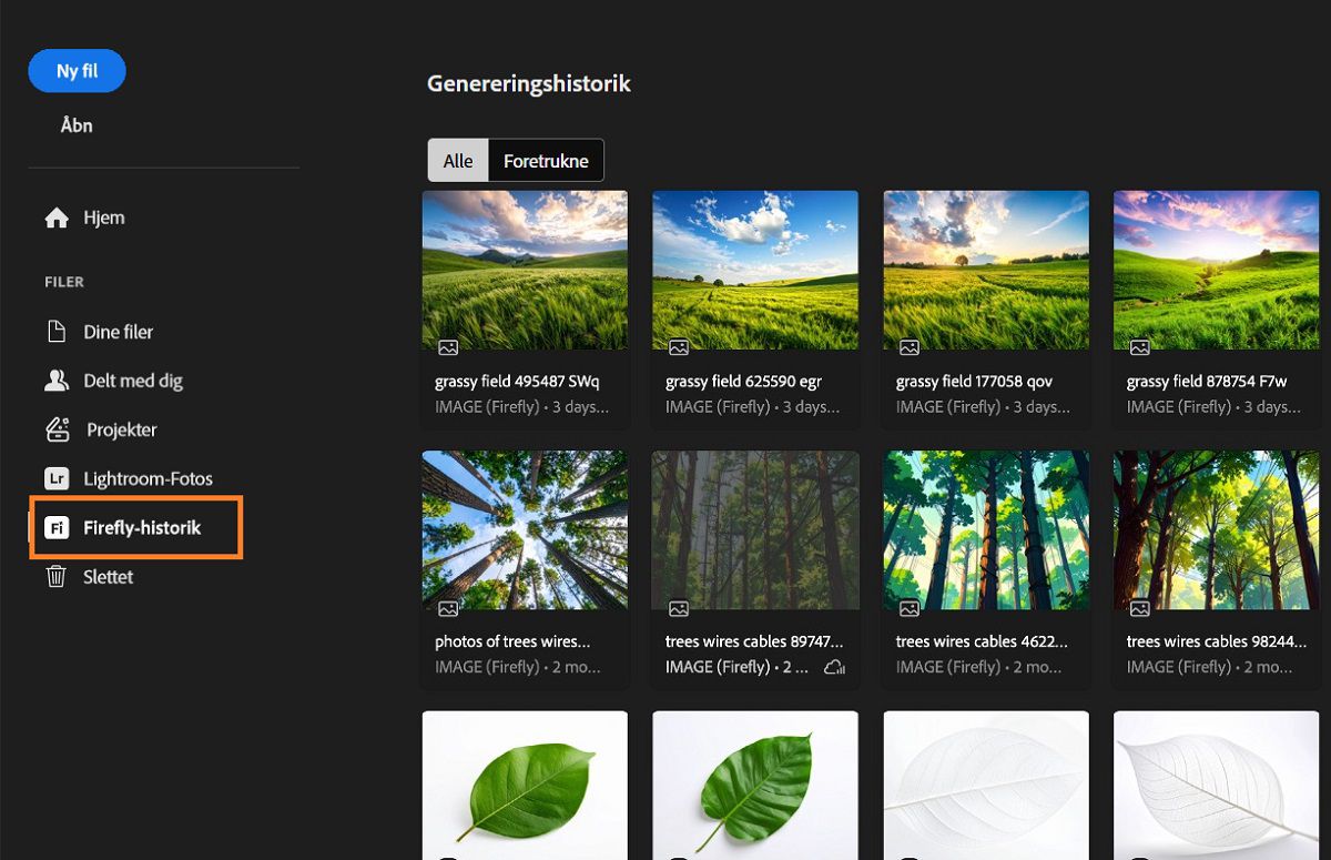 Firefly-panelet Genereringshistorik viser det fremhævede værktøj Firefly-historik, som bruges til at generere aktiver.