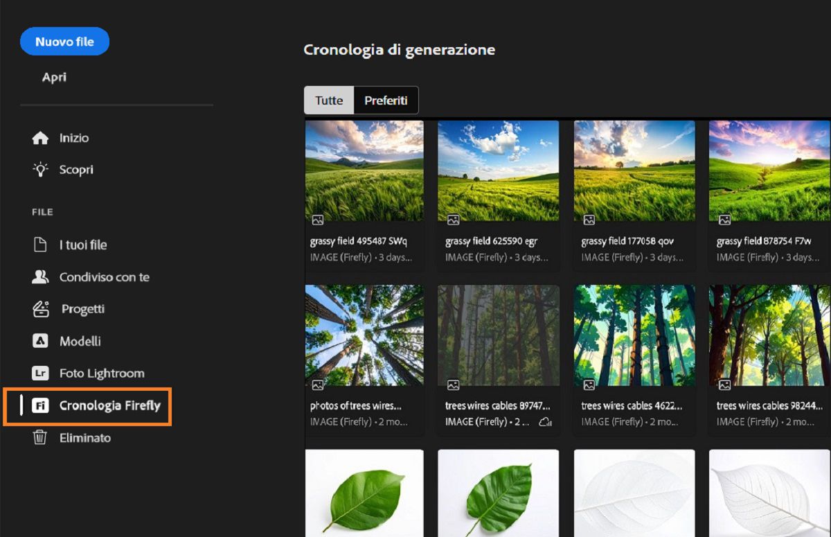 Il pannello Cronologia di generazione di Firefly mostra lo strumento Cronologia di Firefly evidenziato, che viene utilizzato per generare risorse. 