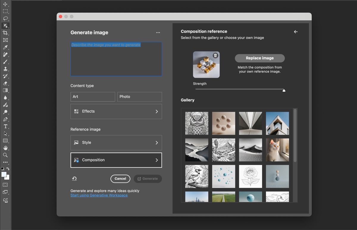 Esta é a interface do Photoshop na caixa de diálogo Gerar imagem, onde os usuários podem enviar uma imagem de referência para influenciar o estilo e a composição dos recursos gerados