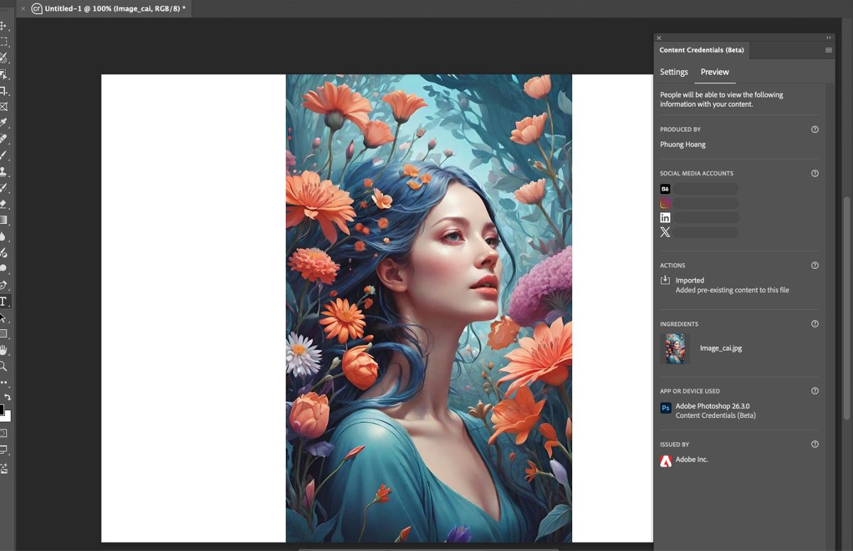 Content Credentials in Adobe Photoshop (Beta) auf dem Desktop