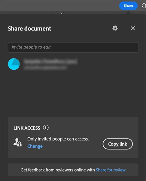 Navigate to the Invite to edit link from the Share button in Photoshop