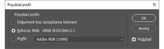 Przypisywanie profilu (menu Edycja > Przypisz profil) w programie Photoshop