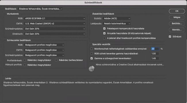 Színprofilok elérése Photoshopban: Szerkesztés > Színbeállítások 