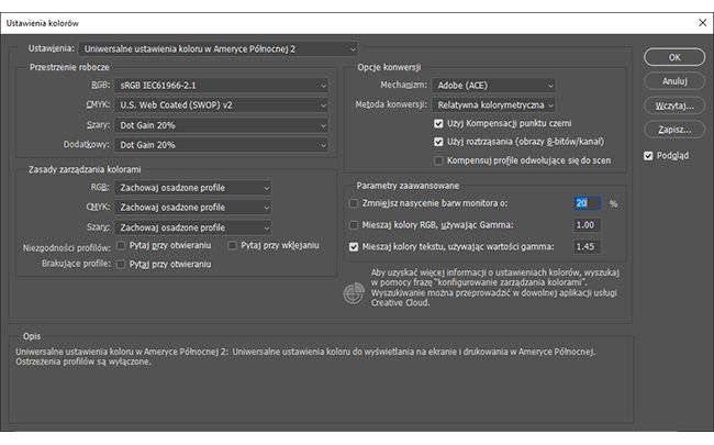 Dostęp do profili kolorów w programie Photoshop poprzez wybranie pozycji Edycja > Ustawienia kolorów 
