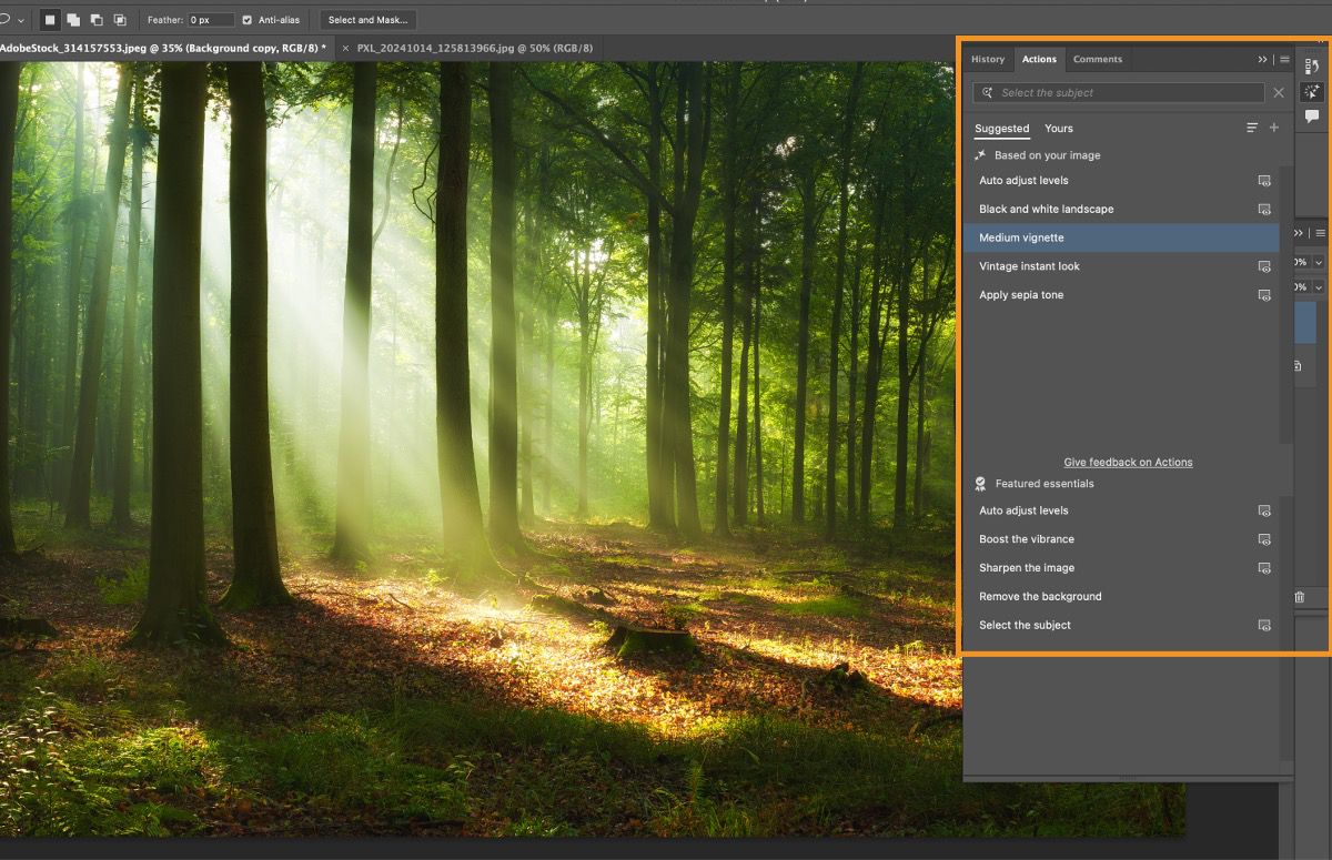 Use the improved Actions panel in Photoshop (Beta) on desktop to work faster with a curated list of dynamic suggestions