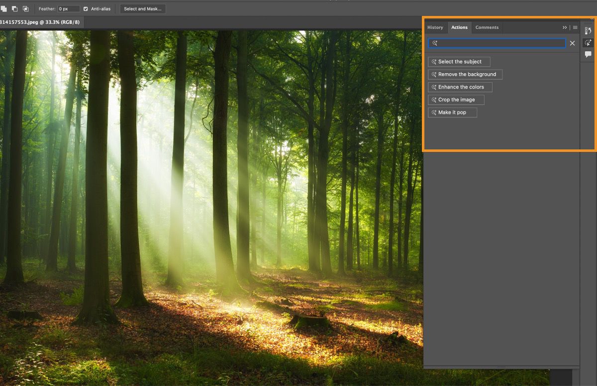 Type a simple text prompt to search for a suitable workflow in the improved Actions panel in Photoshop
