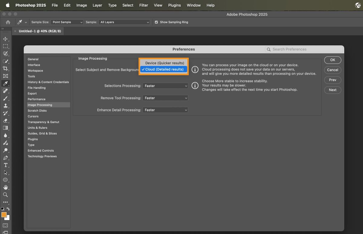 Select Settings > Image Processing and then Cloud to enable cloud processing