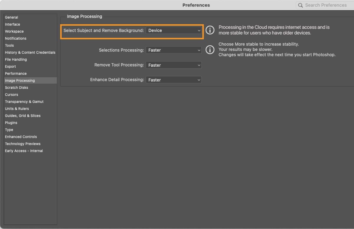Photoshop Preferences dialog showing Image Processing settings with Device (quicker results) selected for improved Select Subject and Remove Background results