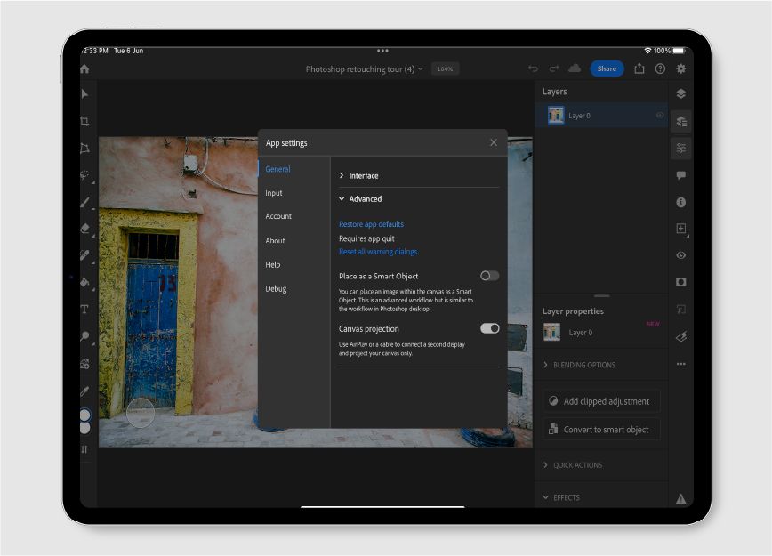 App settings in Photoshop on the iPad