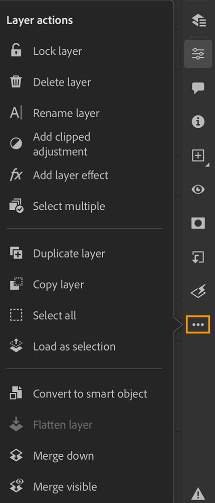 Layer actions panel in Photoshop on the iPad
