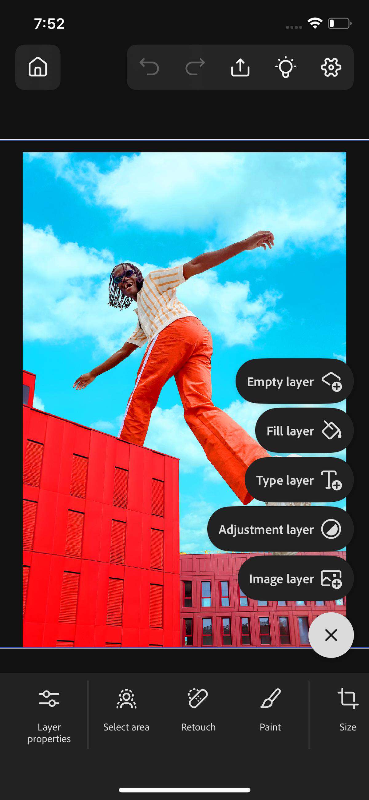 הלוח Add layer נפתח ומציג אפשרויות להוספת שכבה ריקה, שכבת מילוי, שכבת הקלדה ועוד. 