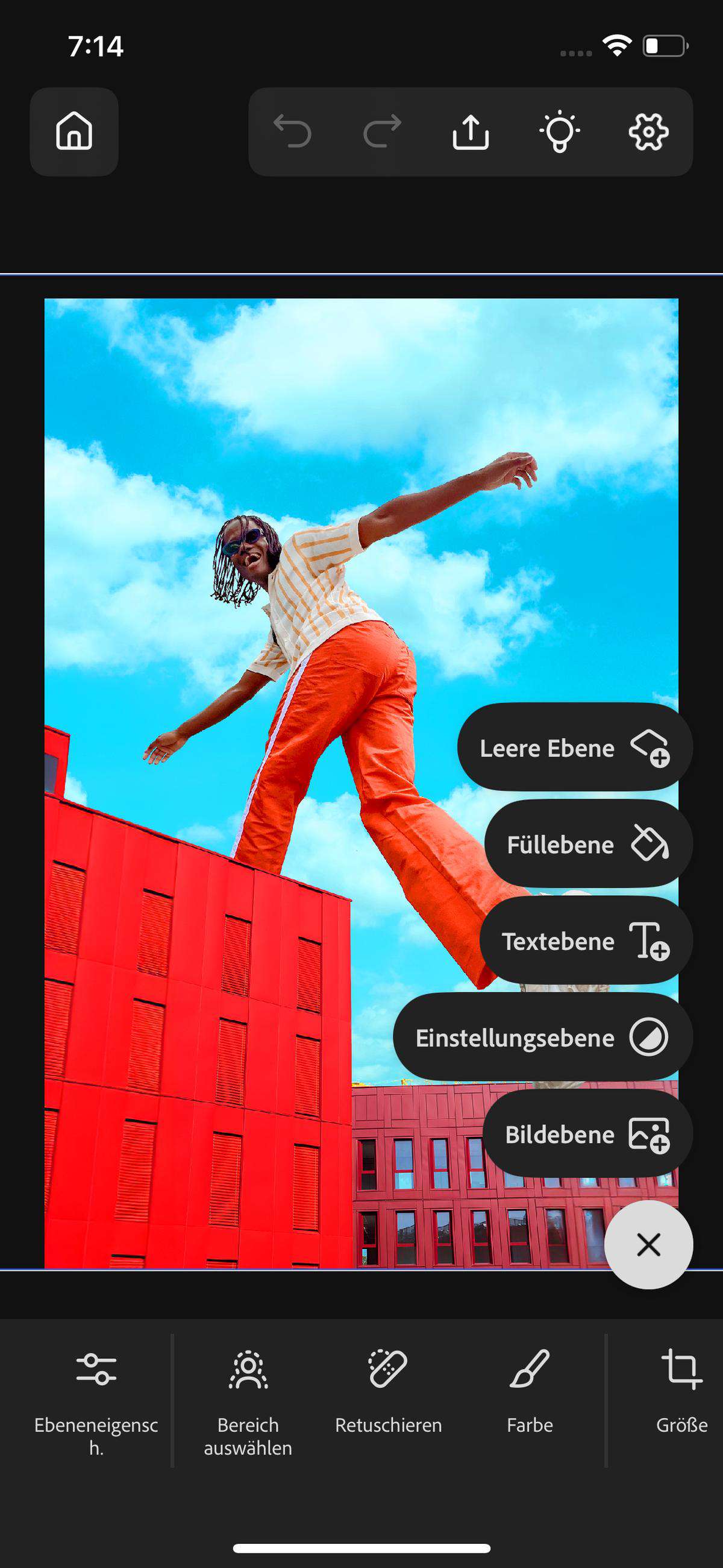 Das Menü „Ebene hinzufügen“ wird geöffnet und bietet Optionen zum Hinzufügen von leeren Ebenen, Füllebenen, Textebenen und mehr.