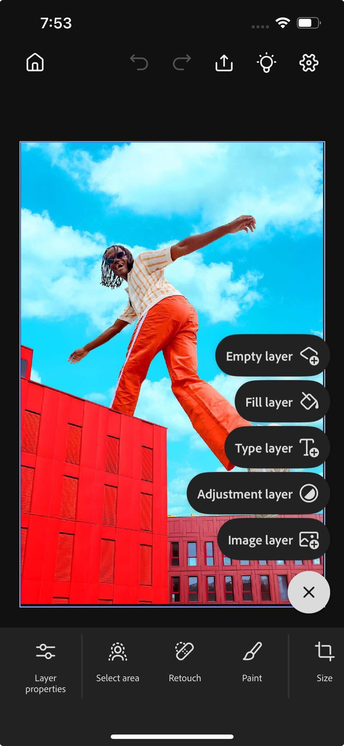 Add layer menu is opened, showcasing options to add an empty layer, fill layer, type layer, and more. 