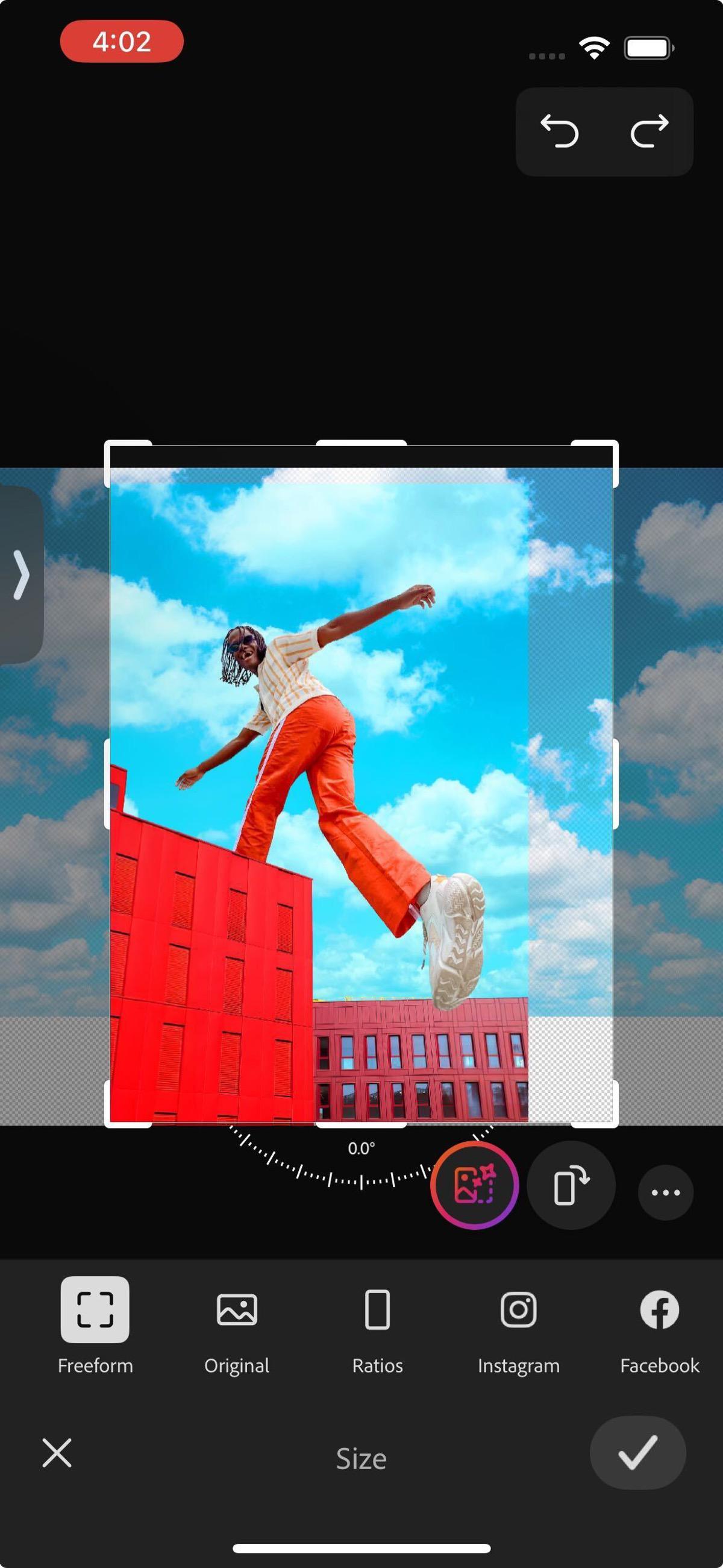Size panel is opened, showcasing options to adjust the size and expand the canvas to add new content using Generative Expand.