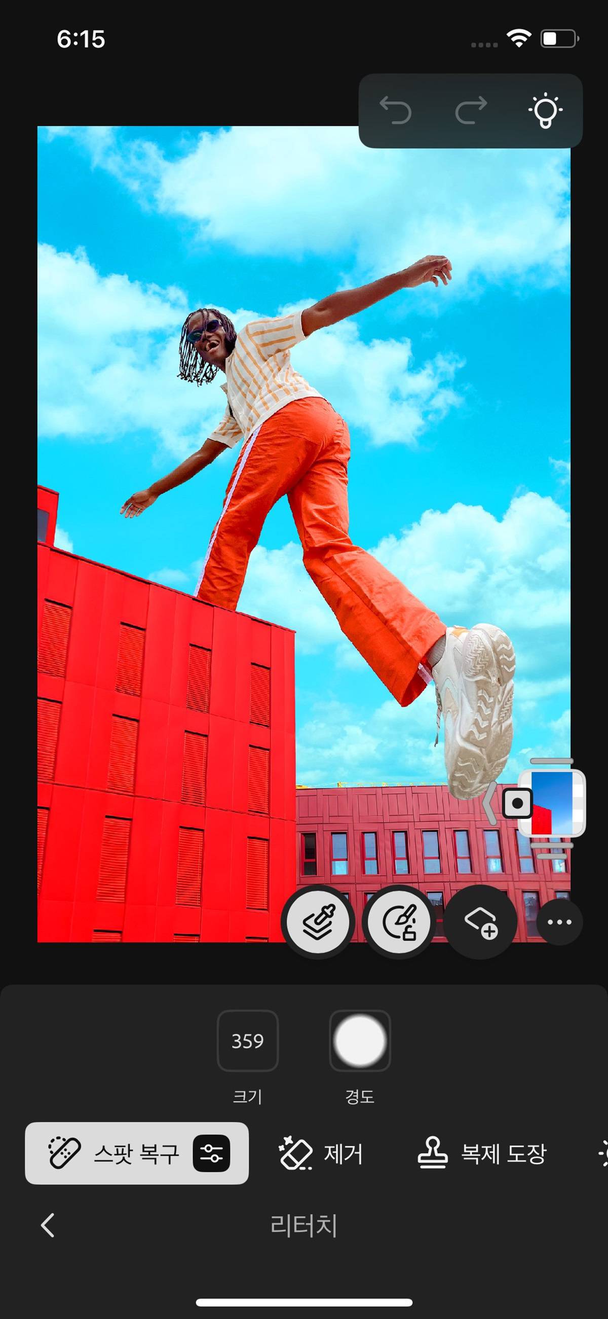 보정 패널이 열리고 스팟 제거, 밝게 하기, 어둡게 하기 등의 옵션이 표시됩니다.