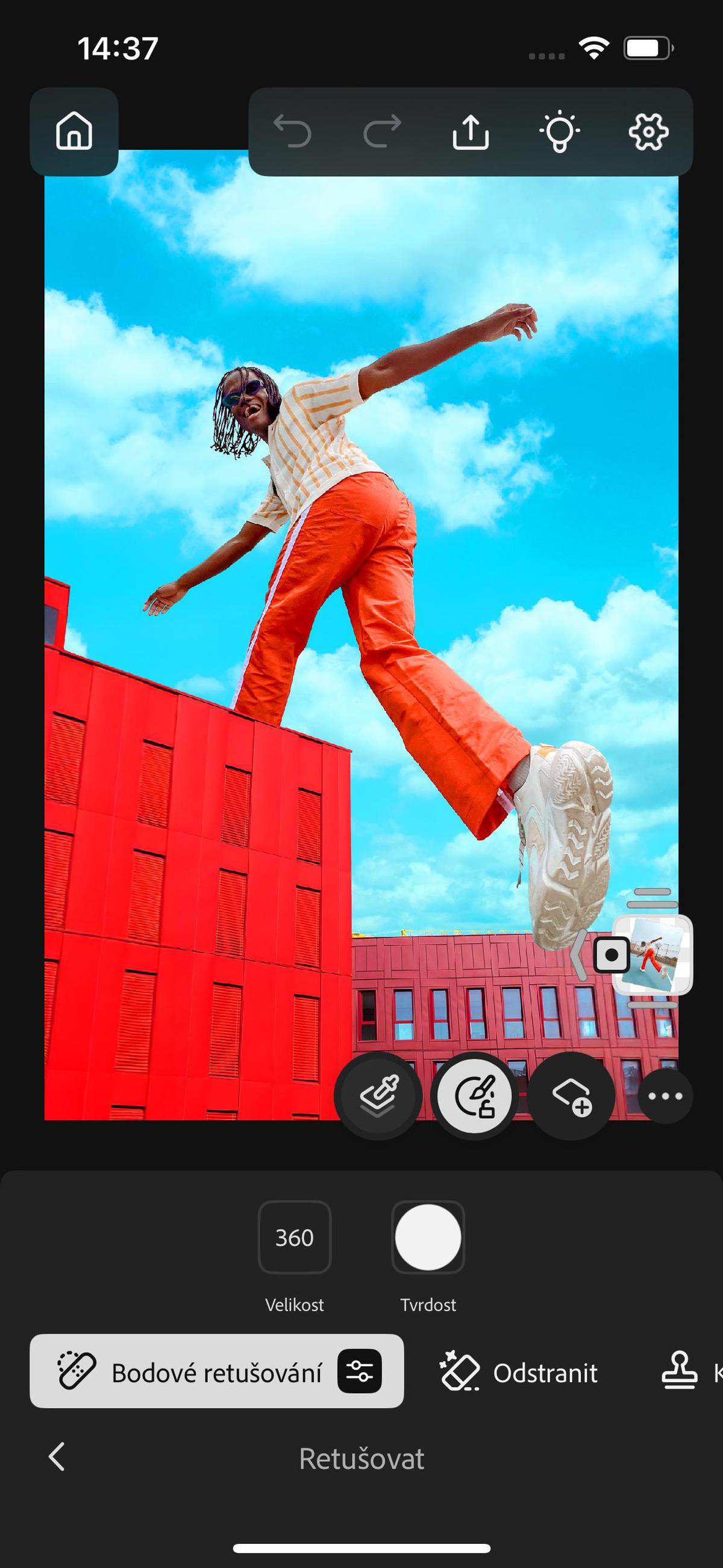 Otevřený panel Retušování zobrazující možnosti odstraňování vad, zesvětlení, ztmavení a další možnosti.