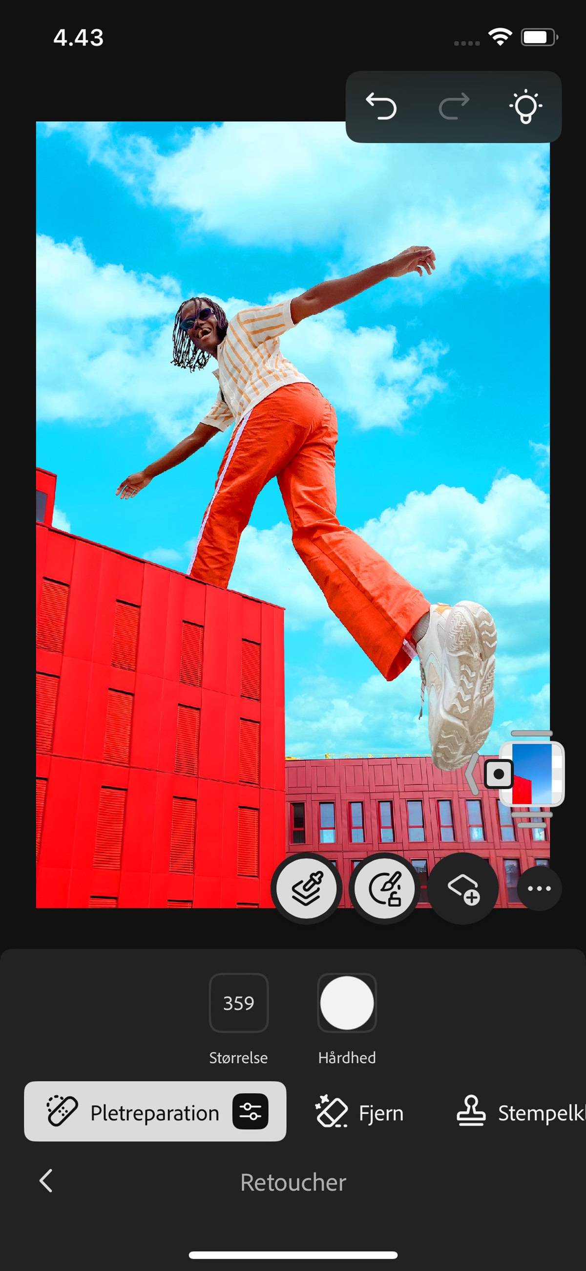 Panelet Retoucher åbnes og viser indstillinger til at fjerne pletter, gøre lysere, gøre mørkere m.m.
