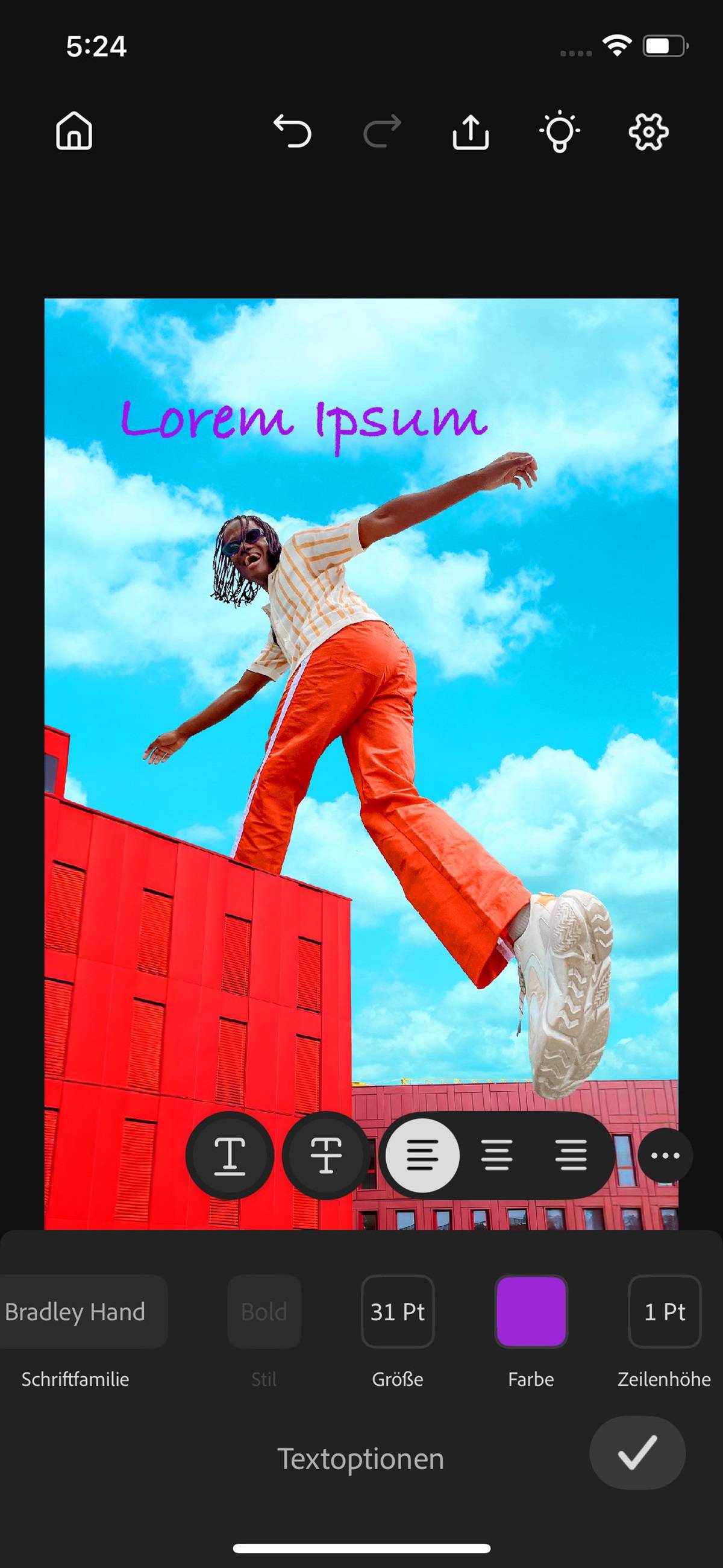 Füge eine Textebene hinzu, um einen einzelnen Satz oder Absatz hinzuzufügen, und bearbeite den Text mit der Option „Textbearbeitung“.