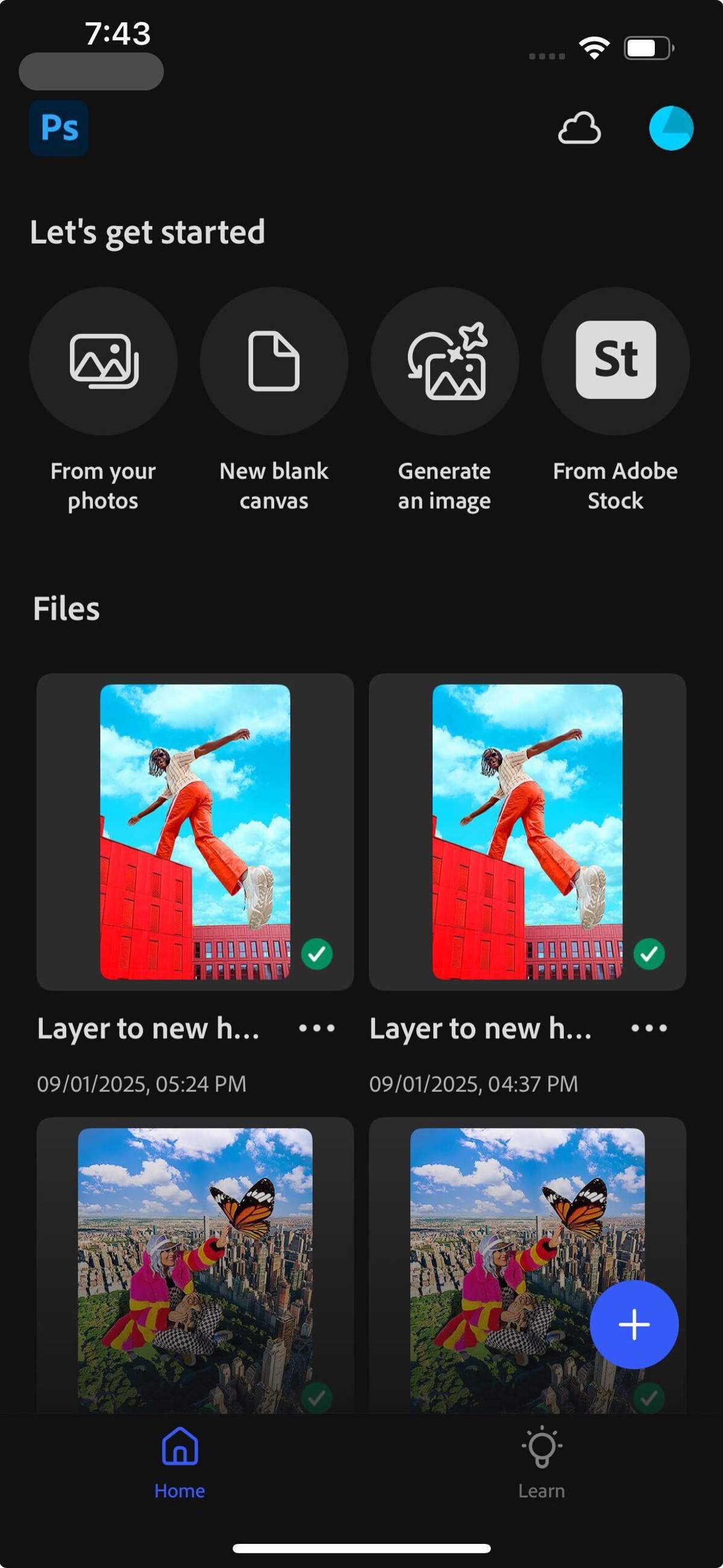 Photoshop on iPhone homescreen is shown with different tools like From your photos, New blank canvas, Generate an image, and From Adobe Stock 