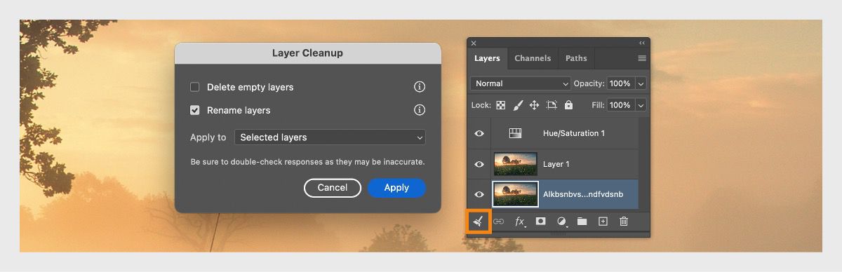 Dialoogvenster Lagen opschonen in Adobe Photoshop op desktop met opties om lege lagen te verwijderen, lagen te hernoemen en wijzigingen toe te passen op geselecteerde lagen.