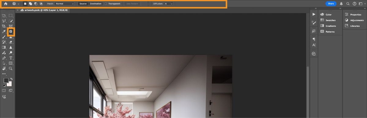 בצע התאמות מסרגל האפשרויות בעת עבודה עם הכלי Patch ב-Photoshop.