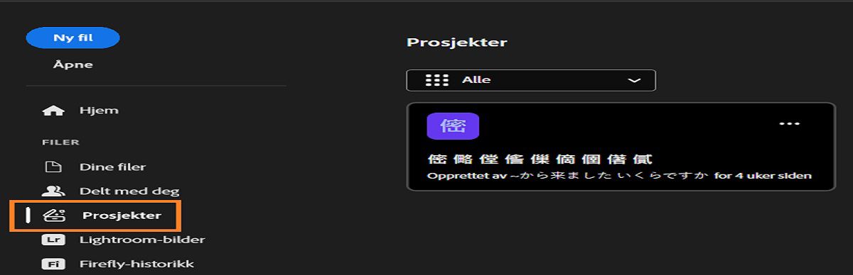 Prosjekter-arbeidsområdet i Photoshop som viser venstre sidepanel med alternativer som Hjem, Opplæring, Dine filer, Delt med deg, Prosjekter, Lightroom Photos, Firefly-historikk og Slettet. Hovedområdet viser et prosjektkort som er uskarpt. 