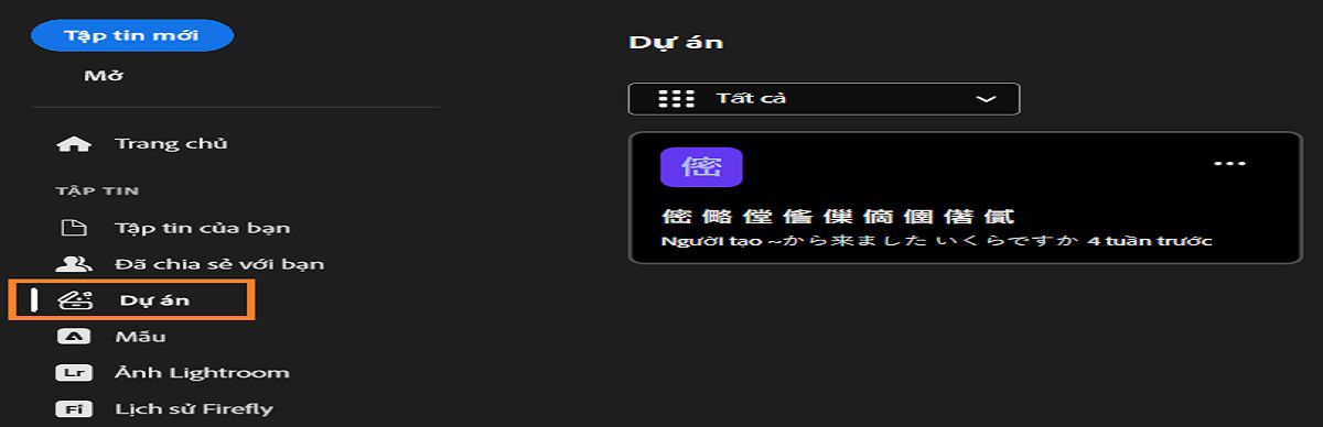 Không gian làm việc Dự án của Photoshop hiển thị thanh bên trái với các tùy chọn như Trang chủ, Học tập, Tập tin của bạn, Được chia sẻ với bạn, Dự án, Ảnh Lightroom, Lịch sử Firefly và Đã xóa. Khu vực chính hiển thị thẻ dự án bị làm mờ. 