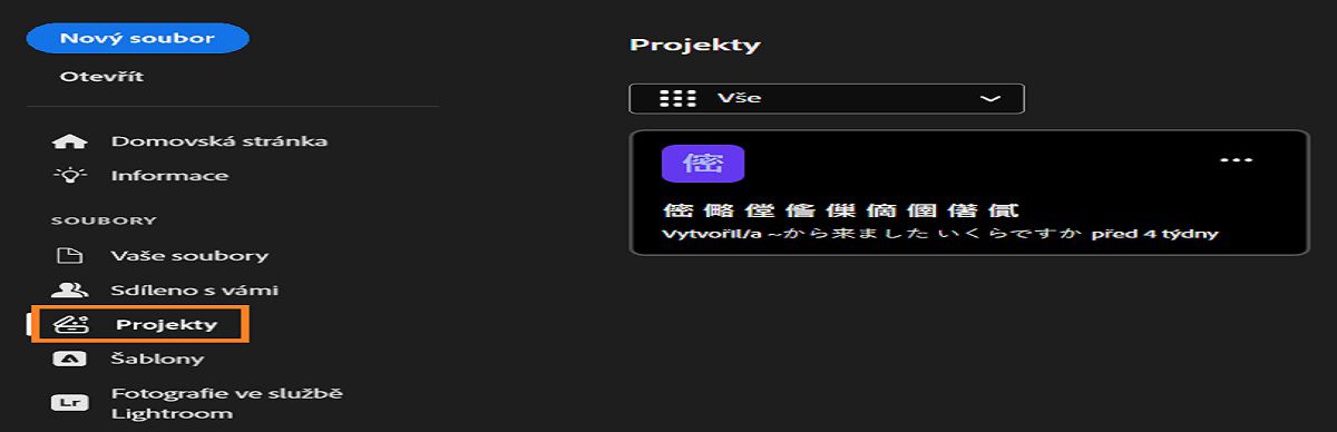 Pracovní plocha Projekty v aplikaci Photoshop se zobrazeným levým postranním panelem s možnostmi Domů, Výuka, Vaše soubory, Sdíleno s vámi, Projekty, Fotografie Lightroom, Historie Firefly a Odstraněné. Hlavní oblast zobrazuje rozmazanou kartu projektu. 