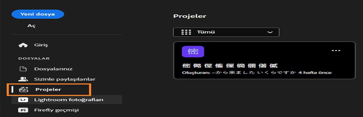 Ana Sayfa, Eğitim, Dosyalarınız, Sizinle paylaşılanlar, Projeler, Lightroom fotoğrafları, Firefly geçmişi ve Silinenler gibi seçenekleri barındıran sol kenar çubuğunu gösteren Photoshop Projeleri çalışma alanı. Ana alanda bulanıklaştırılmış bir proje kartı görüntülenir. 