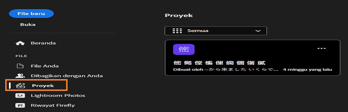 Ruang kerja Proyek Photoshop menampilkan bar samping kiri dengan opsi seperti Beranda, Pelajari, File Anda, Dibagikan kepada Anda, Proyek, foto Lightroom, riwayat Firefly, dan Dihapus. Area utama menampilkan kartu proyek yang diburamkan. 