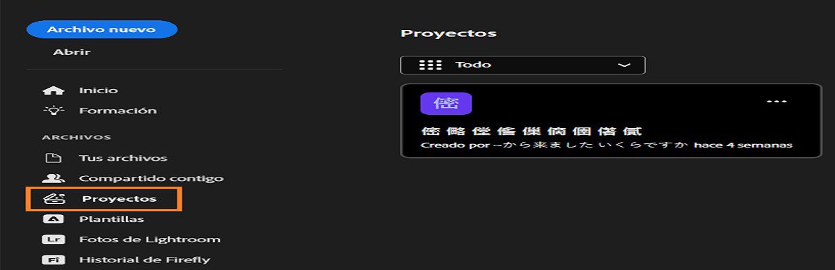 Espacio de trabajo de proyectos de Photoshop que muestra la barra lateral izquierda con opciones como Inicio, Aprender, Tus archivos, Compartido con usted, Proyectos, Lightroom Photos, historial de Firefly y Eliminados. El área principal muestra una tarjeta de proyecto que está desenfocada. 