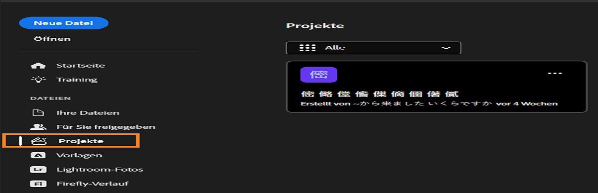 Arbeitsbereich „Projekte“ in Photoshop mit der linken Seitenleiste mit Optionen wie Home, Lernen, Eigene Dateien, Für dich freigegeben, Projekte, Lightroom Photos, Firefly-Verlauf und Gelöscht.Der Hauptbereich zeigt eine verschwommene Projektkarte.