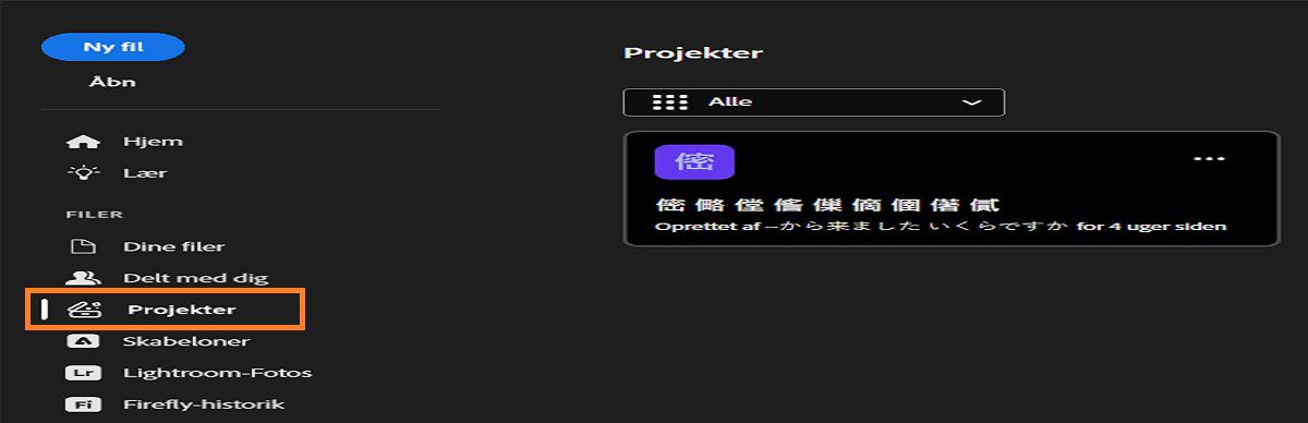 Photoshop Projects-arbejdsrum, der viser venstre sidepanel med muligheder som Start, Lær, Dine filer, Delt med dig, Projekter, Lightroom-fotos, Firefly-historik og Slettet. Hovedområdet viser et projektkort, der er sløret. 