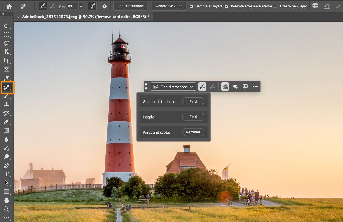 Adobe Photoshop on desktop UI showing the Remove tool with the Find distractions option selected in the Contextual Task Bar. 