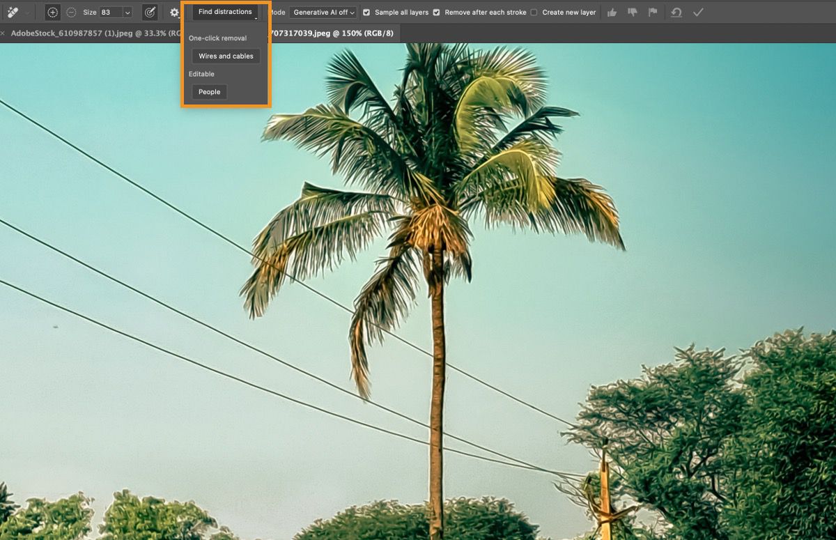 Esta es la aplicación de Photoshop en el escritorio con el menú desplegable Encontrar distracciones con opciones como Líneas y cables y Personas con la ayuda de la imagen de una palmera con cables por encima. 