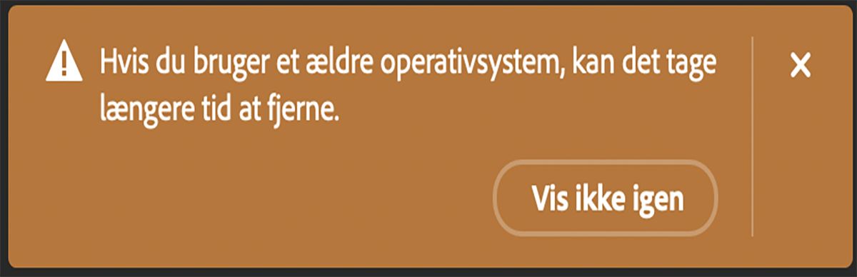 Dialogboksen vises i Photoshop, når brugeren bruger værktøjet Fjern på en computer med hardware, der opfylder minimumskravene