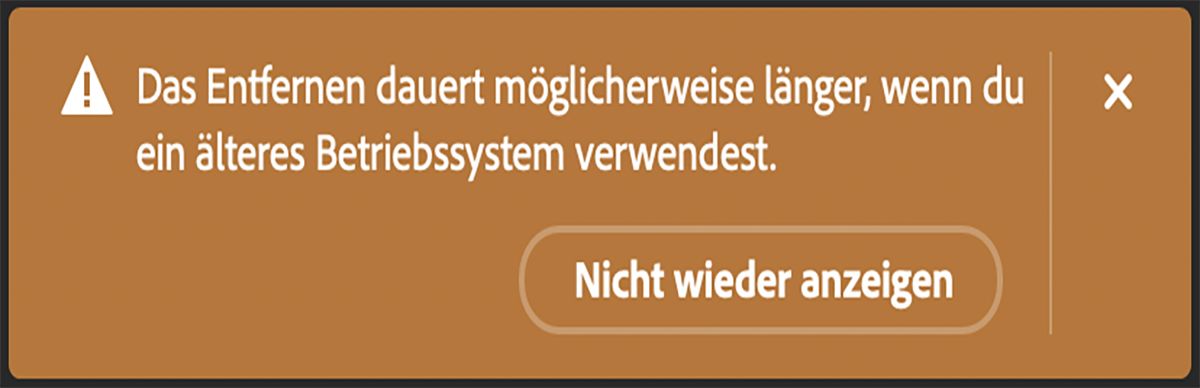 Dialogfeld, das in Photoshop angezeigt wird, wenn der Benutzer das Entfernen-Werkzeug bei einem Computer mit Hardware verwendet, die die Mindestanforderungen erfüllt