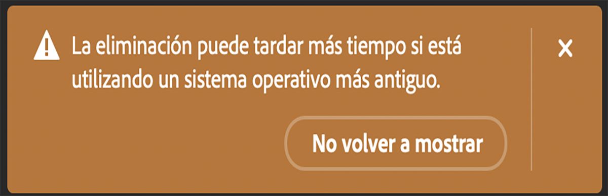 Se muestra un cuadro de diálogo de Photoshop cuando el usuario utiliza la herramienta Quitar en un equipo con hardware que cumple los requisitos mínimos