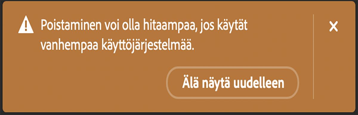 Photoshopissa näkyvä valintaikkuna, kun käyttäjä käyttää poistotyökalua tietokoneella, joka täyttää laitteiston vähimmäisvaatimukset