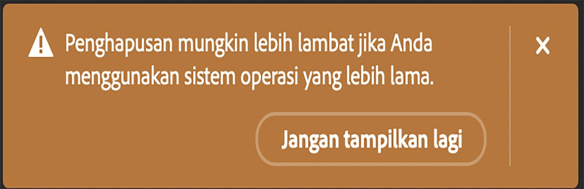 Kotak dialog di Photoshop saat pengguna menggunakan alat Hilangkan di komputer dengan perangkat keras yang memenuhi persyaratan minimum.