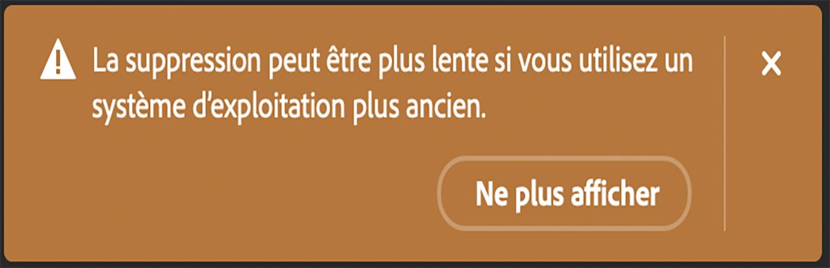 Boîte de dialogue affichée dans Photoshop lorsque l’utilisateur utilise l’outil Supprimer sur un ordinateur dont le matériel répond aux exigences minimales